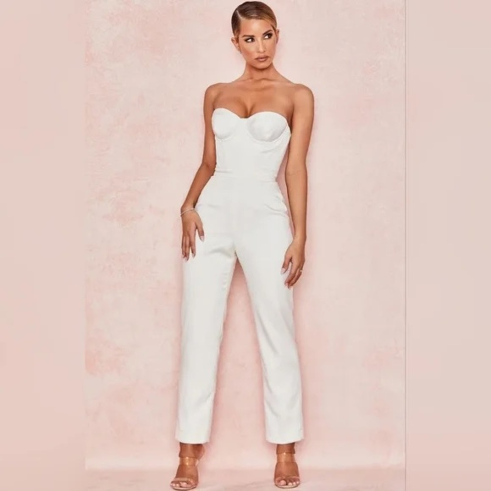 House of CB Kaela White Ivory Satin Bustier Jumpsuit XS